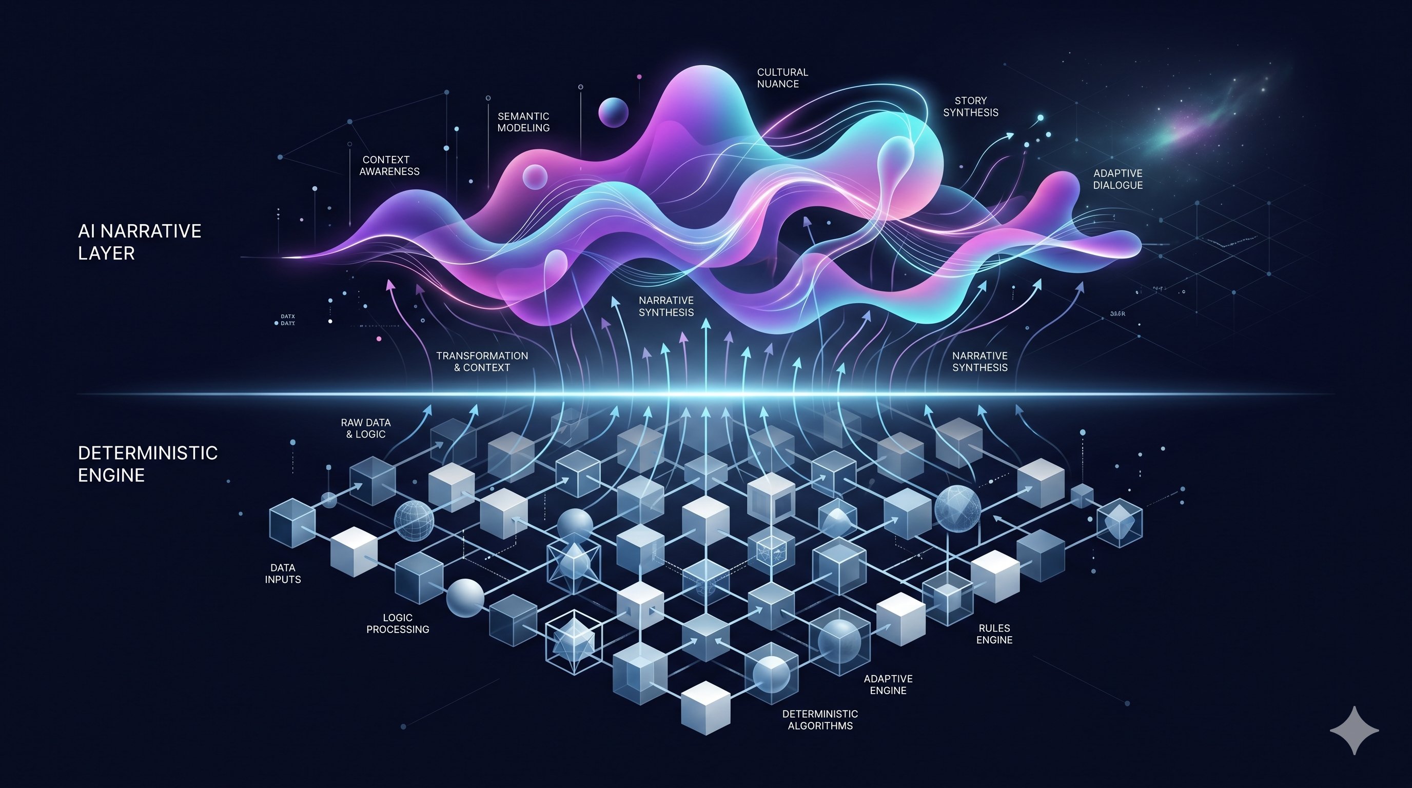 Two layers: deterministic engine below, AI narrative layer above
